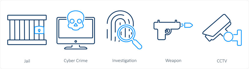 A set of 5 Justice icons as jail, cyber crime, investigation