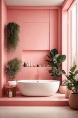 Modern minimalist bathroom interior, pink bathroom cabinet, pink sink, wooden vanity, interior plants, bathroom accessories, white bathtub, concrete wall, terrazzo flooring.