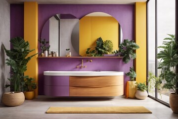 Modern minimalist bathroom interior, purple bathroom cabinet, yellow sink, wooden vanity, interior plants, bathroom accessories, white bathtub, concrete wall, terrazzo flooring.