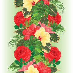 Floral vertical border seamless background with tropical flowers Hawaiian style floral arrangement, with beautiful pink and yellow hibiscus, palm,philodendron and ficus vintage vector 