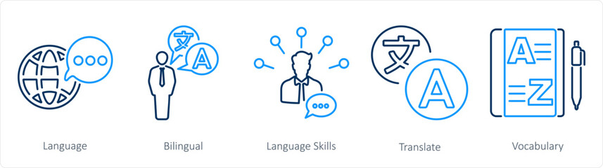 A set of 5 Language icons as language, bilingual, language skills