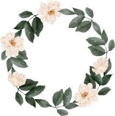 Watercolor wreath with white flower and green leaves. Wedding stationary, greetings, wallpapers, fashion.