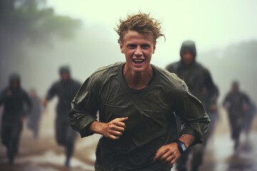 modern american soldiers participating in physical fitness drills and exercises, running under rain