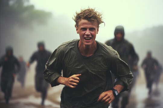 modern american soldiers participating in physical fitness drills and exercises, running under rain