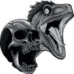 monochromatic illustration of Velociraptor head with human skull