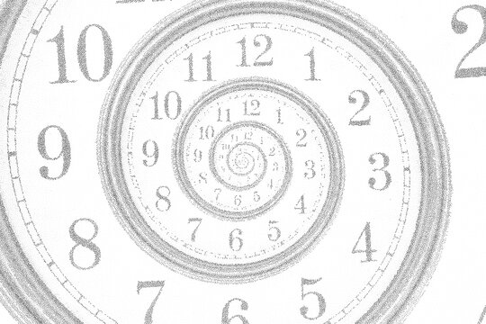 Vintage abstract stipple infinite spiral clock face isolated on a white background. Surreal dotted halftone watch twisted time concept. Vector illustration