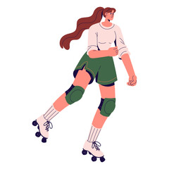 Happy girl in knee pads rides on roller skates. Young woman in safety sports uniform rollerskating. Cute skater rollerblading, training outdoors. Flat isolated vector illustration on white background