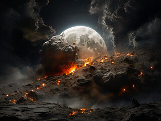 Fantasy landscape with fire and full moon. 3D illustration. 3d rendering. Created using generative AI tools