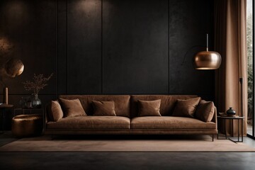 Modern dark living room interior with colorful couch, pillows, lamp on black grunge wall background.
