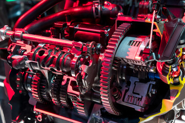 Open red motor engine of new motorbike