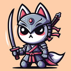 Free vector cute kitsune warrior with hold katana cartoon  flat isolated illustration