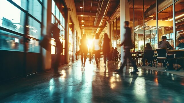 Group Of Office People Walking At Office Open Space. Team Of Business Employees At Coworking Center. People At Motion Blur. Concept Working At Action