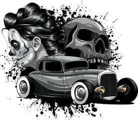 monochromatic hot rod car with woman and skull - 702165528