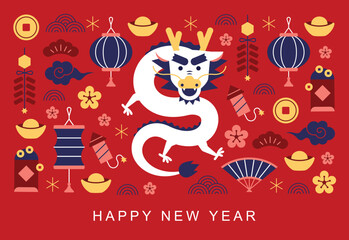 Fototapeta na wymiar Chinese new year icon symbolic vector illustration set. Year of the dragon. Chinese elements in modern minimalist style on chinese pattern background.