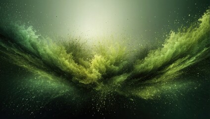Explosive abstract art of forest green and moss particles emanating from the center on a dark background.