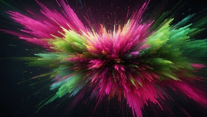 Vivid explosion of fuchsia and neon green particles with a spark effect on a dark background.