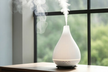 Aroma oil white glass diffuser with rising steam flow on table by window.