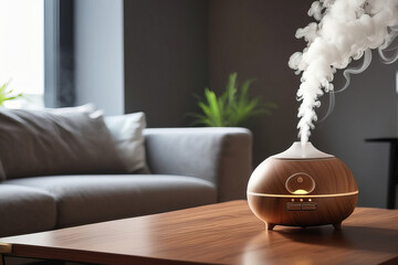Aroma oil diffuser with rising steam flow on table in living room.