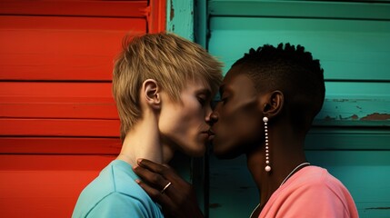 two men lgbt lover passionate kissing with nose rub, emotional diverse people portrait, Generative Ai - obrazy, fototapety, plakaty