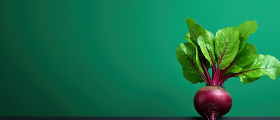 one raw beetroots on green background with blank space, vegetable antioxidant and anthocyanin healthy benefit concept, Generative Ai