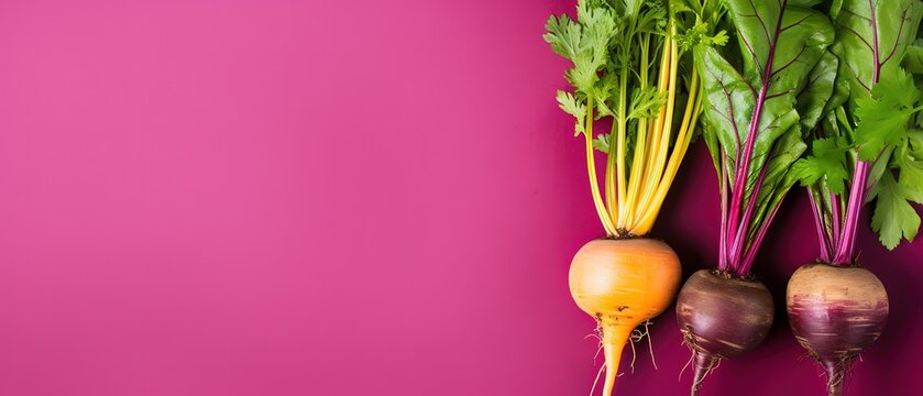 three raw beetroots on pink background with blank space, vegetable antioxidant and anthocyanin healthy benefit concept, Generative Ai