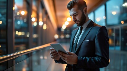 Handsome businessman using his tablet in the office, copy space