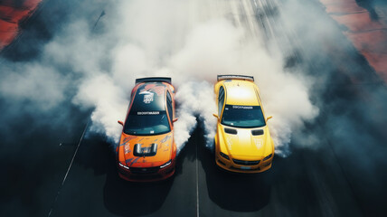 Aerial top view two cars drifting battle on asphalt race track with lots of  smoke from burning tires, Two race cars competition drift battle view from  above. Stock Photo