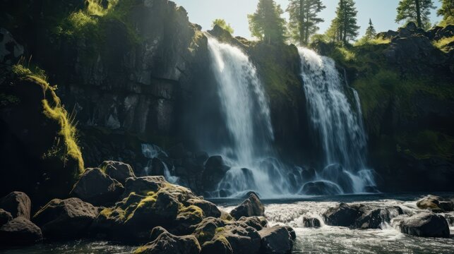 waterfall with mountains