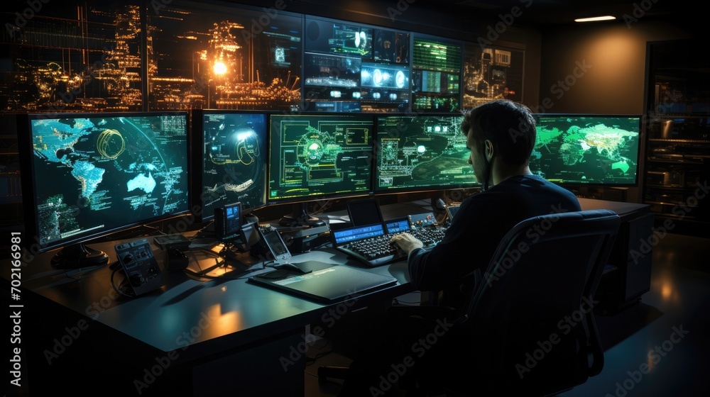 Poster tech operator monitoring global network screens