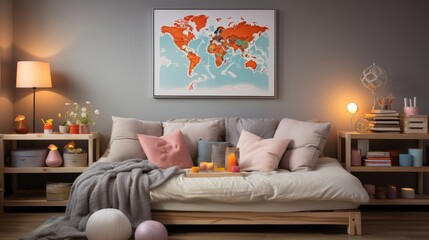 Cozy bedroom interior with world map decor