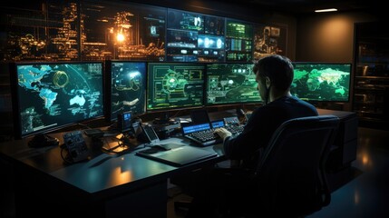 Tech operator monitoring global network screens