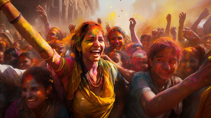 Obraz premium A girl in the India dress is enjoying colorful powder. Holi festival
