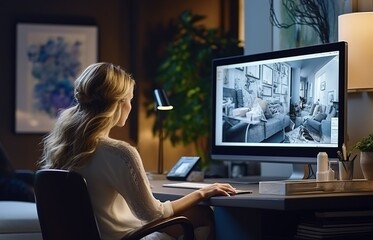 Fototapeta na wymiar black girl using computer monitor screen 