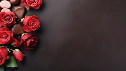 Rose flowers and chocolate. Valentines day copy space top view - Powered by Adobe