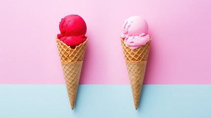 flat lay simplicity back ground of summer pink blue ice cream cone on clear clean background, sweet and cold ice-cream scoop in wafer cone, Generative Ai