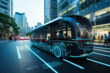 autonomous AI-driven bus on city street with blue lights - obrazy, fototapety, plakaty