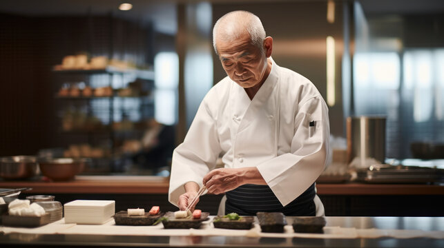 Senior Asian chef preparing sushi in traditional restaurant - Powered by Adobe