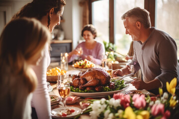 Senior man carving turkey at family Easter dinner