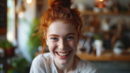 Happy cheerful young woman wearing her red hair in bun rejoicing at positive news or birthday gift, looking at camera with joyful and charming smile