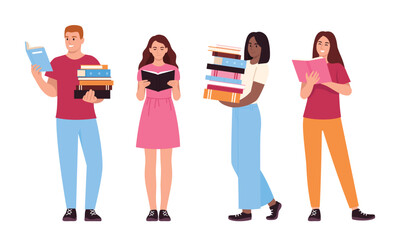 set of people with books. Characters vector illustration. book reading day.