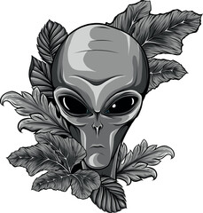 monochromatic Alien head with leaveson white background