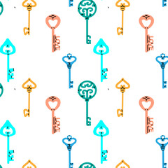 Seamless Pattern retro and modern Key vector illustration. Vector illustration of antique and modern keys with different figures and shapes. Different colors of keys. 