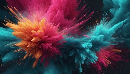 Obraz premium Explosive abstract of hot pink and cyan particles with a clustered burst pattern on a dark background.