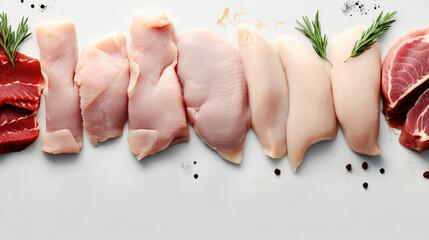 Site design banner showcasing raw chicken cuts filleted - obrazy, fototapety, plakaty