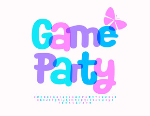 Vector event flyer Game Party with decorative Butterfly. Artistic colorful Font. Creative set of Alphabet Letters and Numbers.
