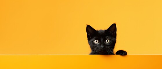 cute black cat enthusiasm curious looking from yellow wall, vivid and funny pet background, Generative Ai