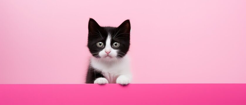 cute two tone black white cat enthusiasm curious looking from pink wall , vivid and funny pet background, Generative Ai - Powered by Adobe