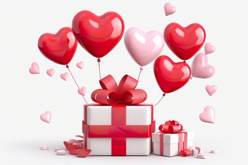 Happy valentines day decoration with gift box, heart shape balloon, 3D rendering illustration white background