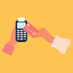 Contactless cashless approved payment using pos terminal.Hands paying with credit or debit card. Vector illustration.