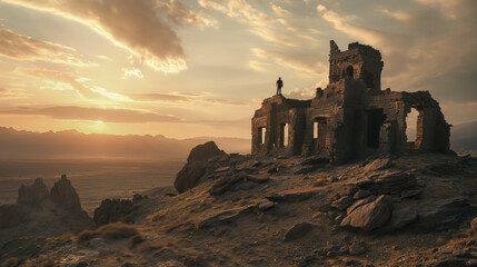 Ruins at a fading sunset in desert.